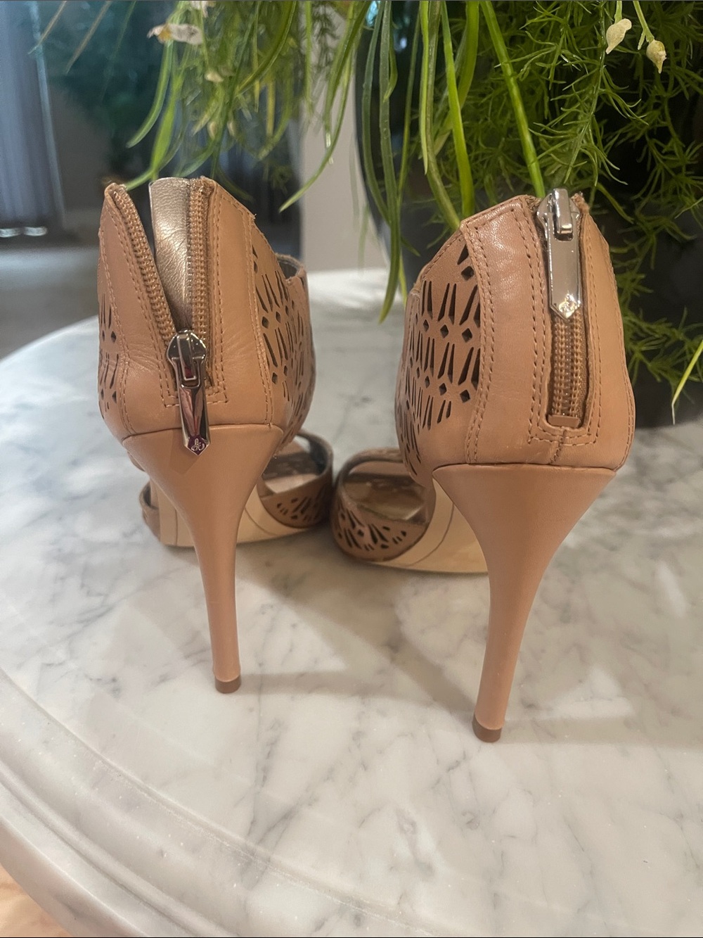 Sam Edelman Tan Laser-Cut Open-Toe Heels - Picture 2 of 5